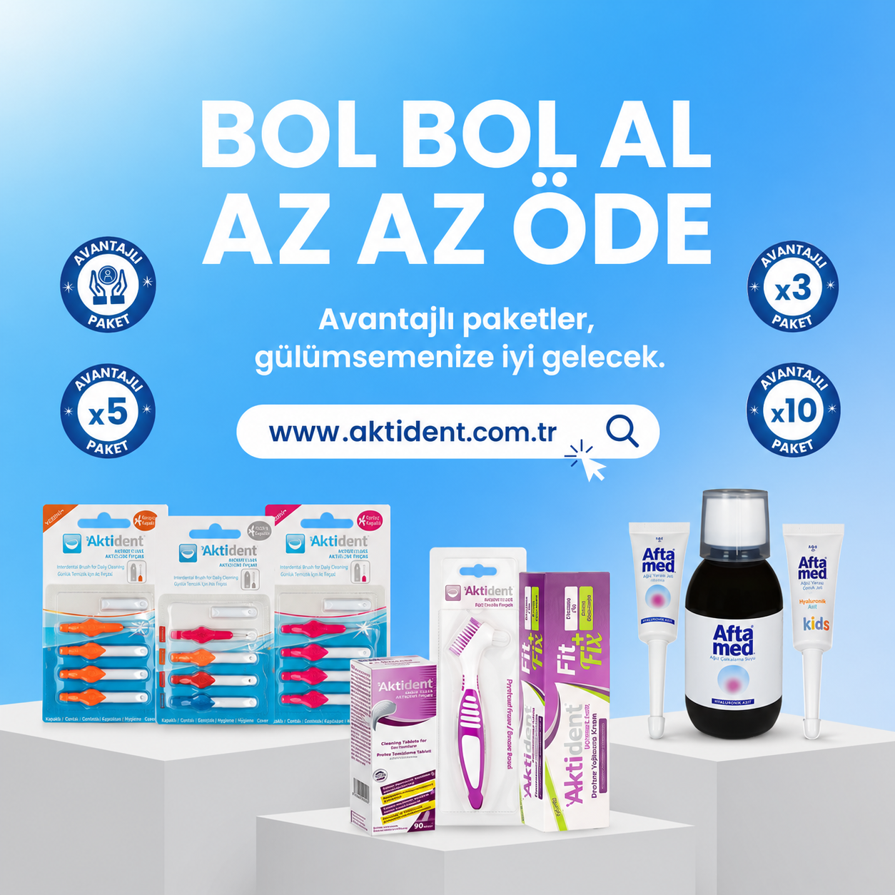 Promotional blue banner for Aktident dental products with the slogan 'BOL BOL AL AZ AZ ÖDE' and various toothbrush and toothpaste packs displayed along the bottom of the image.