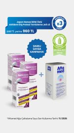 Promotional ad showing purple Aktident denture cleansing gel boxes beside a white Aftamed mouthwash box, with a blue discount banner and a circular ‘x3 paket’ badge, plus a green gift badge and Turkish sale text.